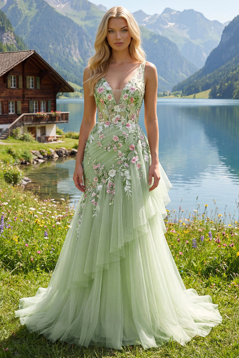 Load image into Gallery viewer, Mermaid Corset Floral Green Long V-Neck Ruched Prom Dress with Ruffles