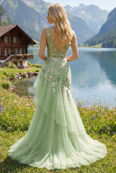 Mermaid Corset Floral Green Long V-Neck Ruched Prom Dress with Ruffles