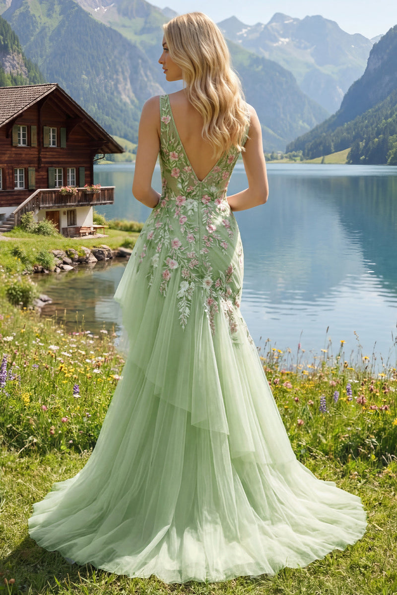 Load image into Gallery viewer, Mermaid Corset Floral Green Long V-Neck Ruched Prom Dress with Ruffles