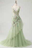 Load image into Gallery viewer, Mermaid Corset Floral Green Long V-Neck Ruched Prom Dress with Ruffles