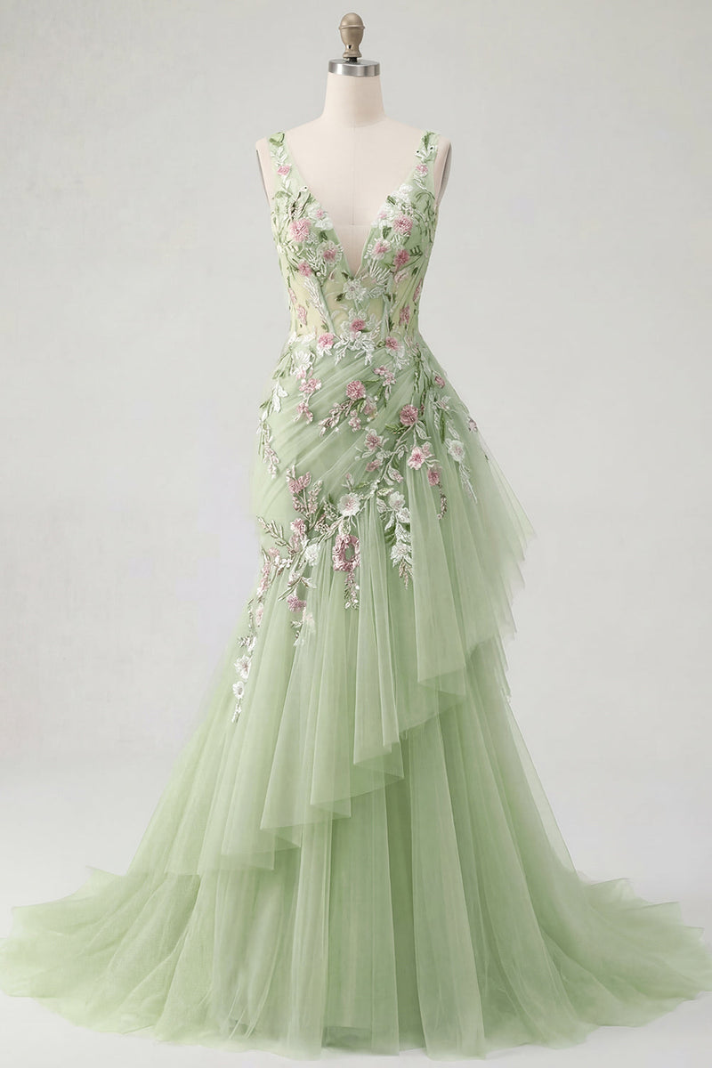 Load image into Gallery viewer, Mermaid Corset Floral Green Long V-Neck Ruched Prom Dress with Ruffles
