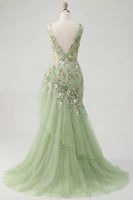 Load image into Gallery viewer, Mermaid Corset Floral Green Long V-Neck Ruched Prom Dress with Ruffles