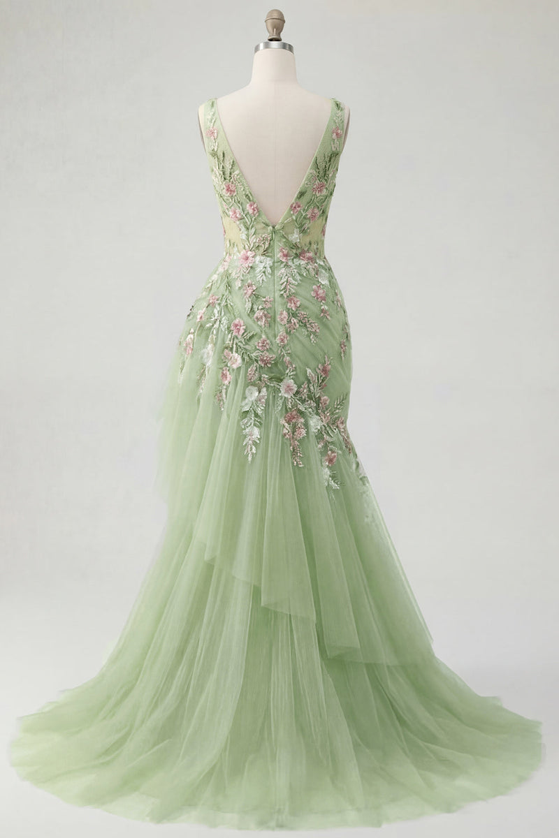 Load image into Gallery viewer, Mermaid Corset Floral Green Long V-Neck Ruched Prom Dress with Ruffles