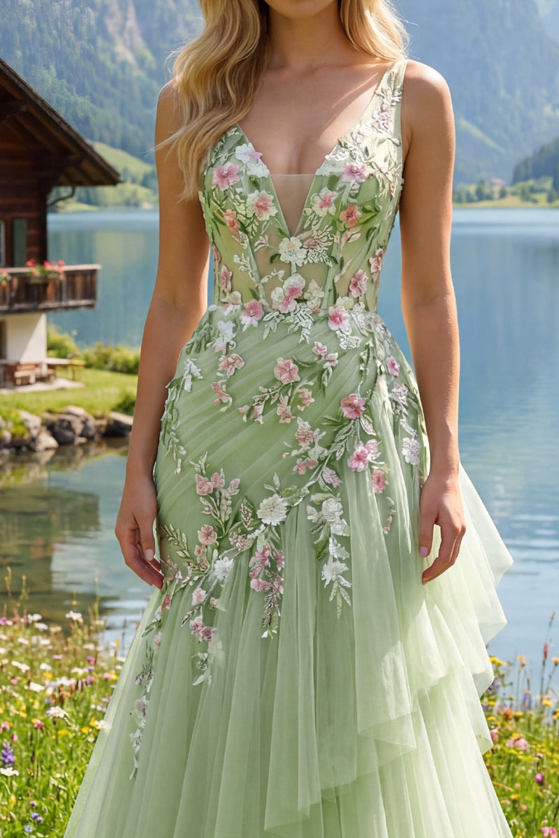 Load image into Gallery viewer, Mermaid Corset Floral Green Long V-Neck Ruched Prom Dress with Ruffles