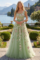 Load image into Gallery viewer, Square Neck Sparkly Green Floral Long A Line Beaded Prom Dress with Bow