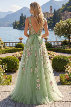Square Neck Sparkly Green Floral Long A Line Beaded Prom Dress with Bow