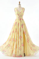 Load image into Gallery viewer, Floral V-Neck Ruched A Line Butter Yellow Prom Dress with Slit