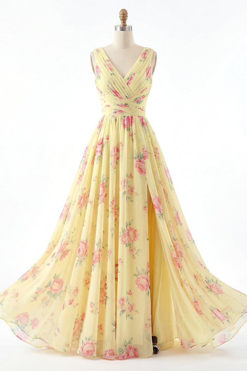 Load image into Gallery viewer, Floral V-Neck Ruched A Line Butter Yellow Prom Dress with Slit