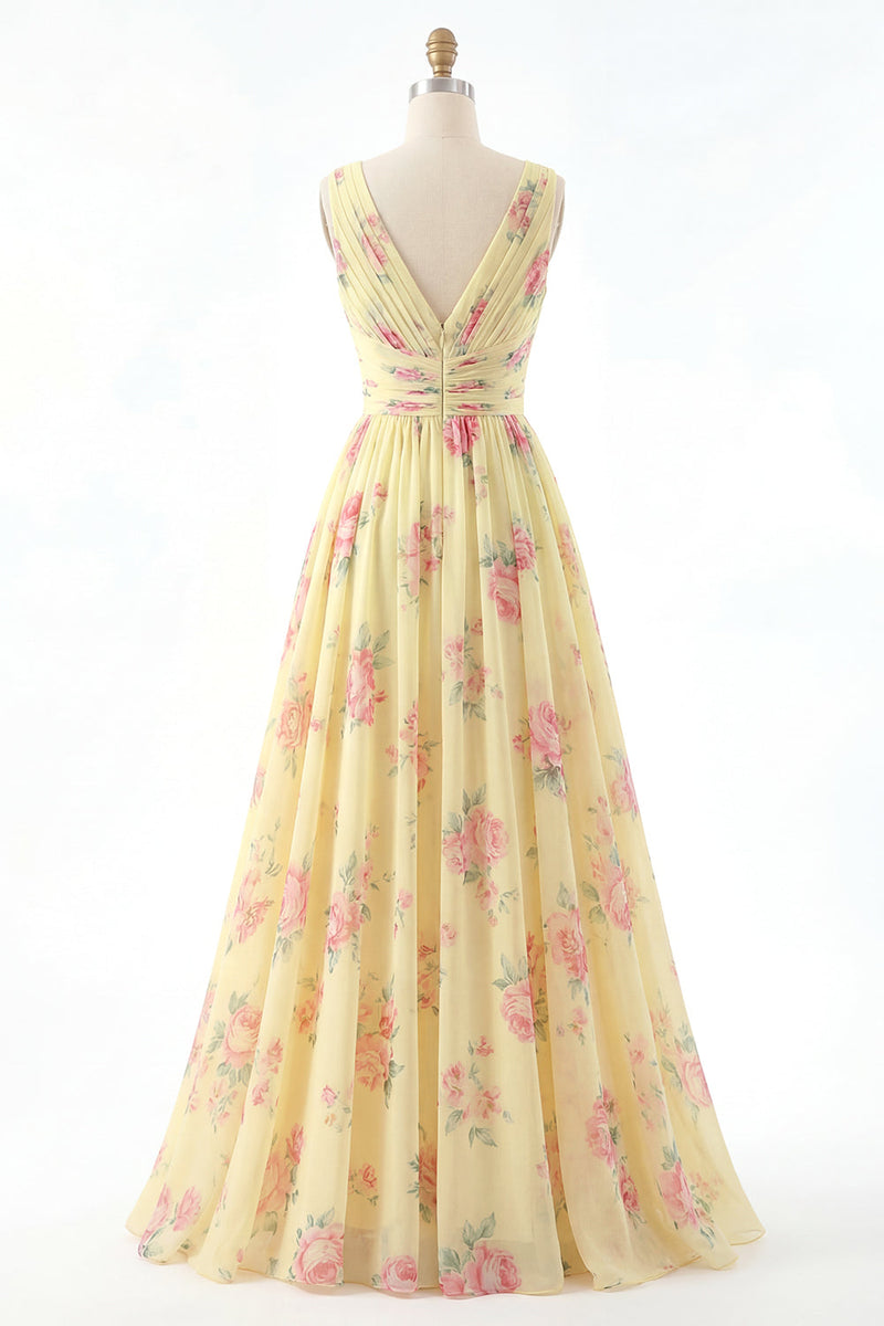 Load image into Gallery viewer, Floral V-Neck Ruched A Line Butter Yellow Prom Dress with Slit