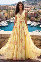 Load image into Gallery viewer, Floral V-Neck Ruched A Line Butter Yellow Prom Dress with Slit