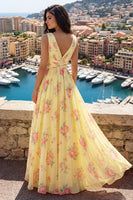 Load image into Gallery viewer, Floral V-Neck Ruched A Line Butter Yellow Prom Dress with Slit