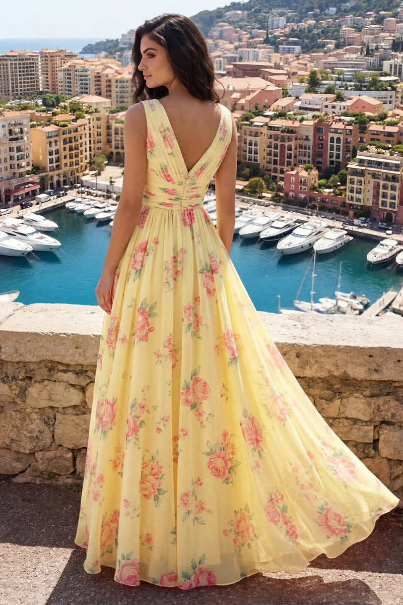 Load image into Gallery viewer, Floral V-Neck Ruched A Line Butter Yellow Prom Dress with Slit