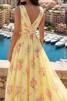 Load image into Gallery viewer, Floral V-Neck Ruched A Line Butter Yellow Prom Dress with Slit