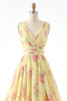 Load image into Gallery viewer, Floral V-Neck Ruched A Line Butter Yellow Prom Dress with Slit