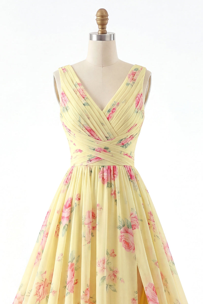 Load image into Gallery viewer, Floral V-Neck Ruched A Line Butter Yellow Prom Dress with Slit