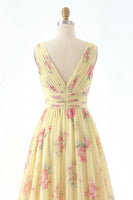 Load image into Gallery viewer, Floral V-Neck Ruched A Line Butter Yellow Prom Dress with Slit