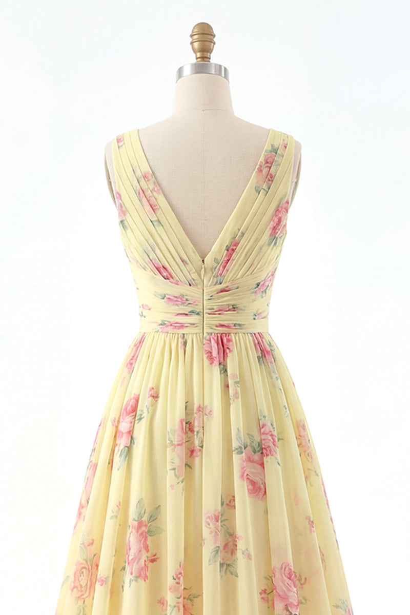 Load image into Gallery viewer, Floral V-Neck Ruched A Line Butter Yellow Prom Dress with Slit