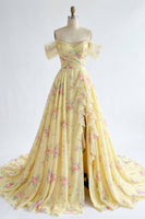 Load image into Gallery viewer, Floral Ruffled A Line Butter Yellow Beaded Prom Dress with Slit