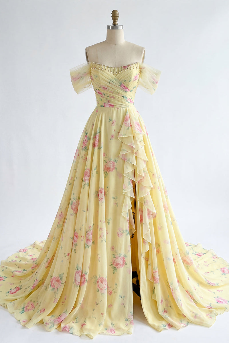 Load image into Gallery viewer, Floral Ruffled A Line Butter Yellow Beaded Prom Dress with Slit