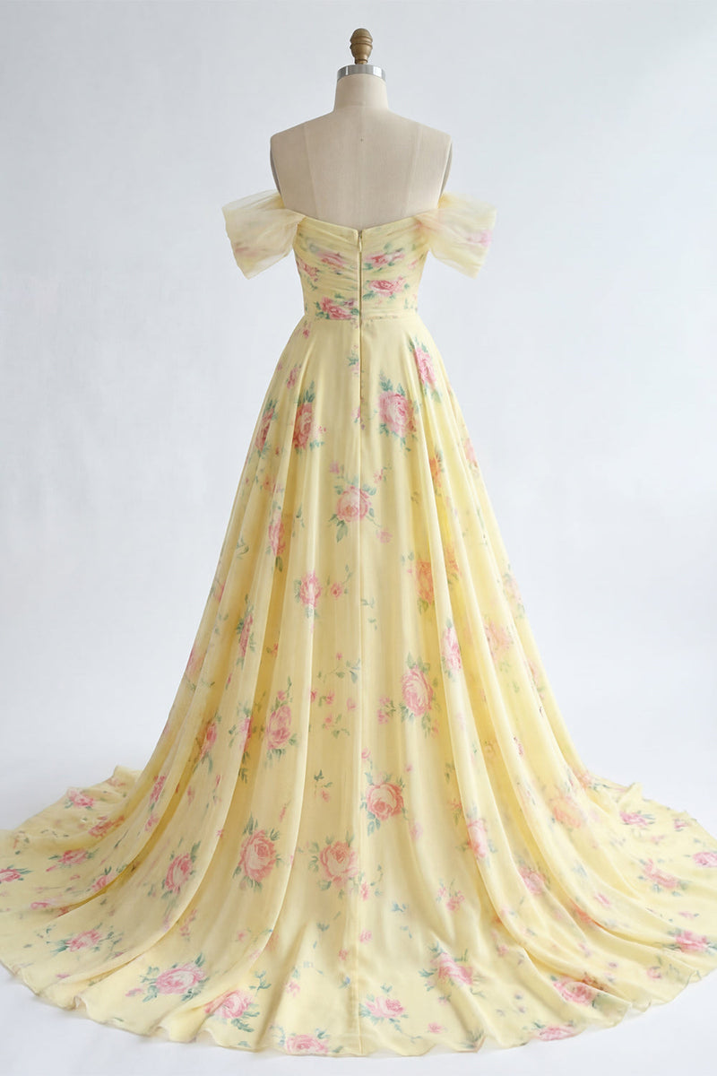 Load image into Gallery viewer, Floral Ruffled A Line Butter Yellow Beaded Prom Dress with Slit