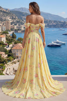 Load image into Gallery viewer, Floral Ruffled A Line Butter Yellow Beaded Prom Dress with Slit