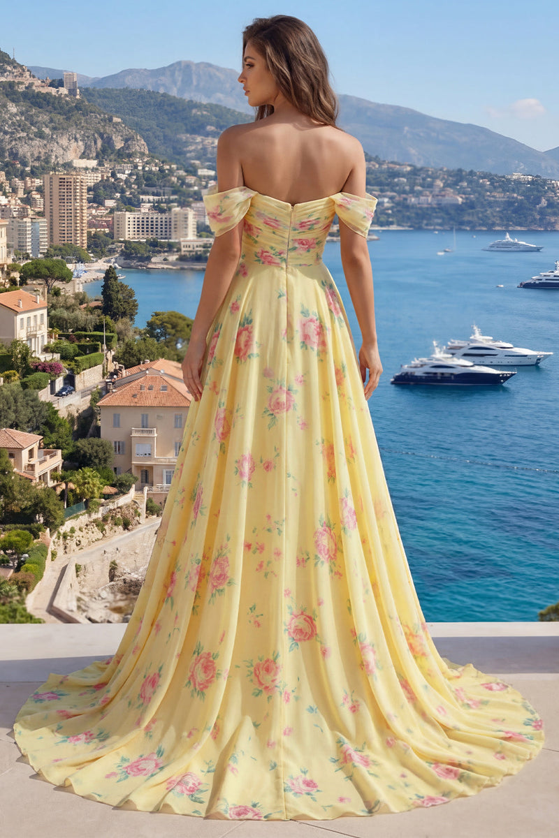 Load image into Gallery viewer, Floral Ruffled A Line Butter Yellow Beaded Prom Dress with Slit