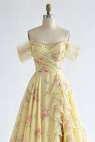 Load image into Gallery viewer, Floral Ruffled A Line Butter Yellow Beaded Prom Dress with Slit