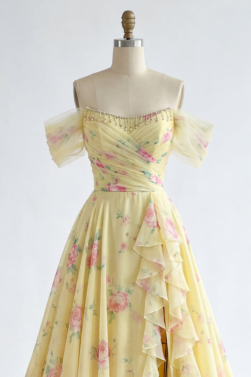 Load image into Gallery viewer, Floral Ruffled A Line Butter Yellow Beaded Prom Dress with Slit
