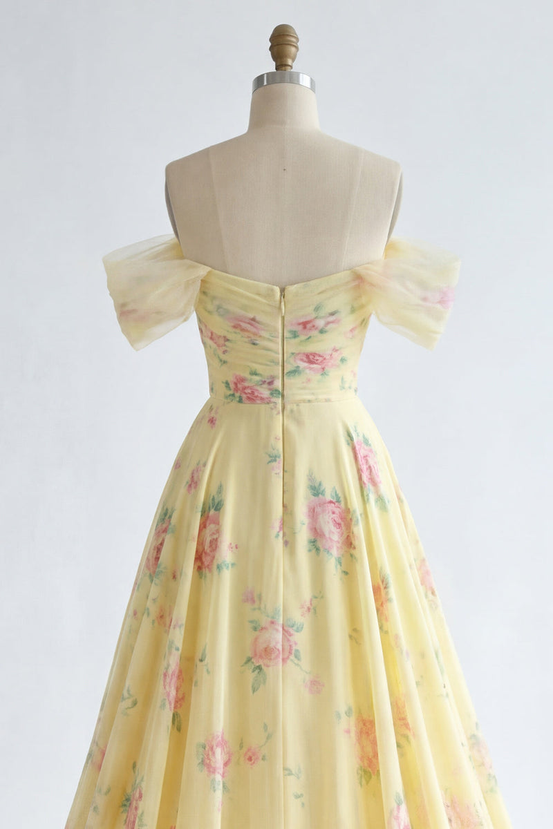 Load image into Gallery viewer, Floral Ruffled A Line Butter Yellow Beaded Prom Dress with Slit