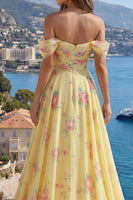 Load image into Gallery viewer, Floral Ruffled A Line Butter Yellow Beaded Prom Dress with Slit