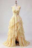 Load image into Gallery viewer, V-Neck A Line Floral Butter Yellow Prom Dress with Ruffles