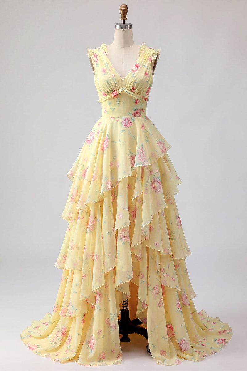 Load image into Gallery viewer, V-Neck A Line Floral Butter Yellow Prom Dress with Ruffles