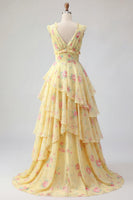 Load image into Gallery viewer, V-Neck A Line Floral Butter Yellow Prom Dress with Ruffles