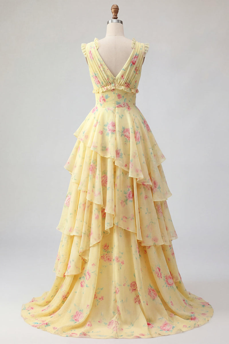 Load image into Gallery viewer, V-Neck A Line Floral Butter Yellow Prom Dress with Ruffles