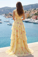 Load image into Gallery viewer, V-Neck A Line Floral Butter Yellow Prom Dress with Ruffles