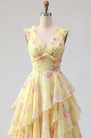 Load image into Gallery viewer, V-Neck A Line Floral Butter Yellow Prom Dress with Ruffles