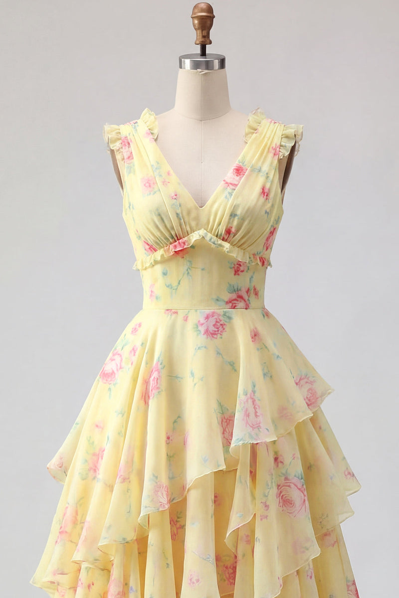 Load image into Gallery viewer, V-Neck A Line Floral Butter Yellow Prom Dress with Ruffles