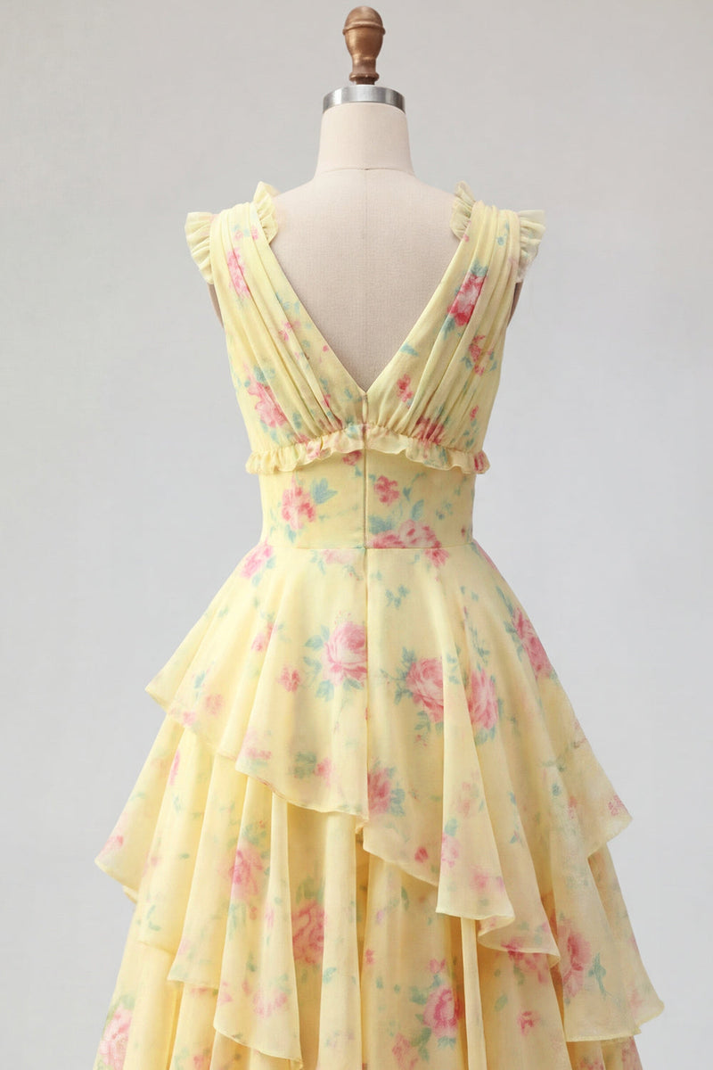 Load image into Gallery viewer, V-Neck A Line Floral Butter Yellow Prom Dress with Ruffles