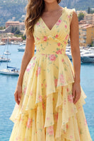 Load image into Gallery viewer, V-Neck A Line Floral Butter Yellow Prom Dress with Ruffles