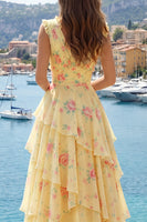 Load image into Gallery viewer, V-Neck A Line Floral Butter Yellow Prom Dress with Ruffles