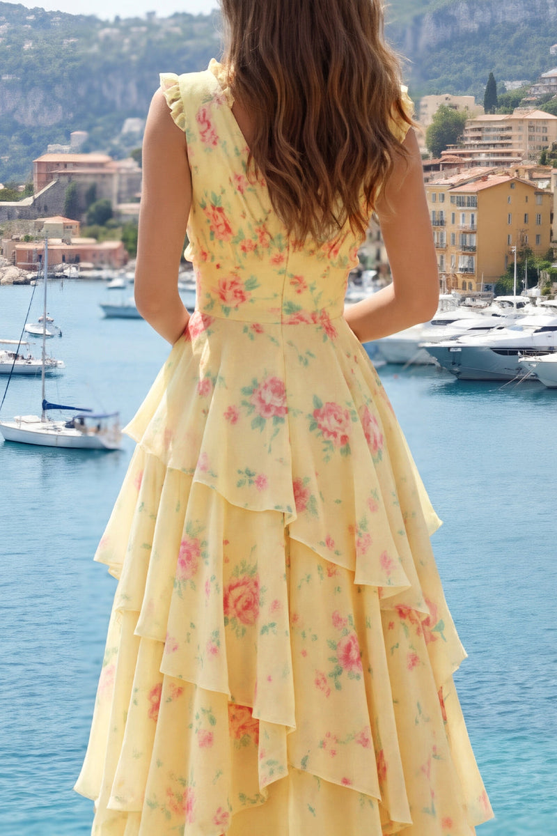 Load image into Gallery viewer, V-Neck A Line Floral Butter Yellow Prom Dress with Ruffles
