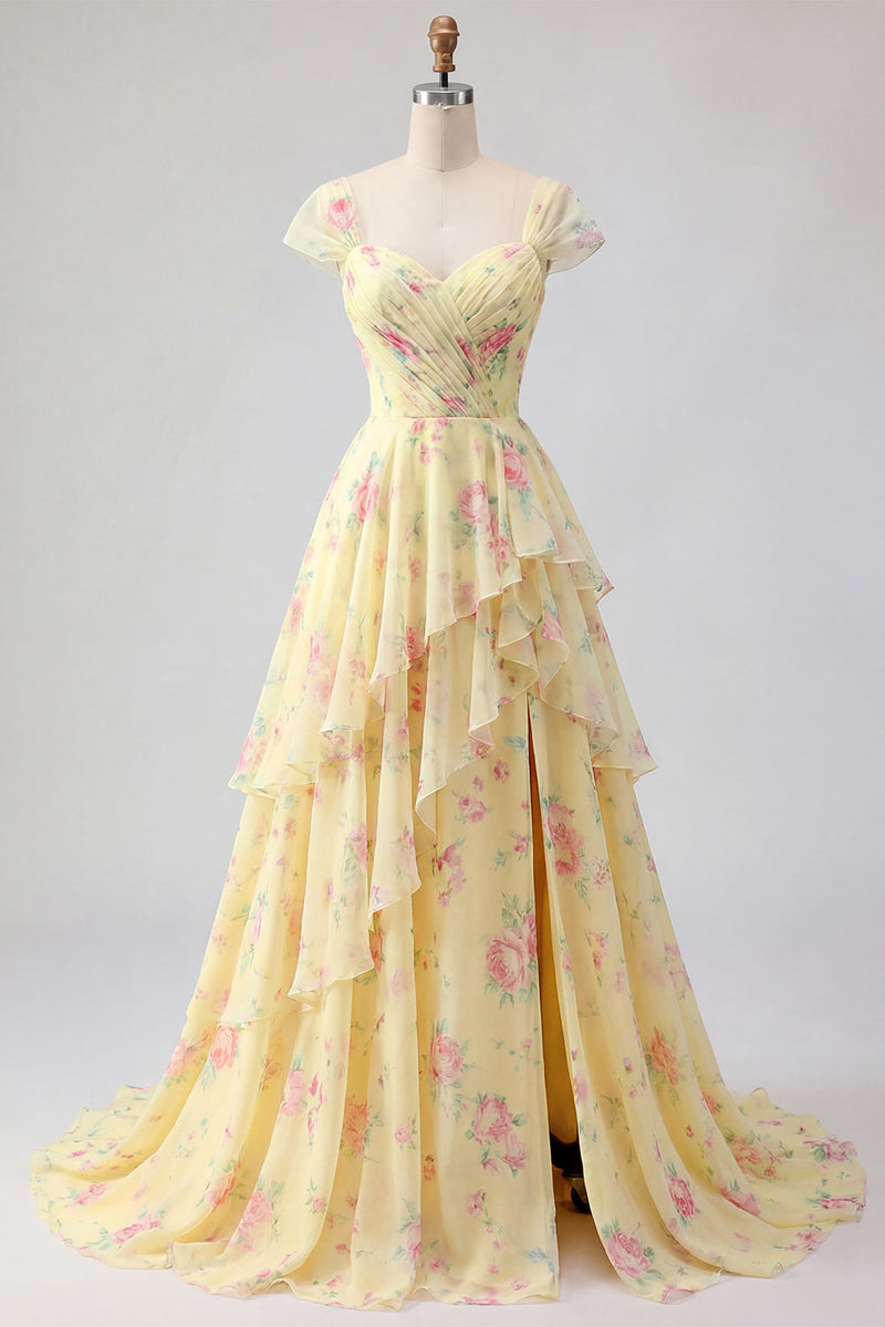 Load image into Gallery viewer, Cap Sleeves A Line Floral Butter Yellow Ruffled Prom Dress with Slit
