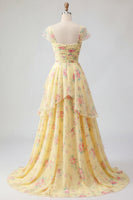 Load image into Gallery viewer, Cap Sleeves A Line Floral Butter Yellow Ruffled Prom Dress with Slit