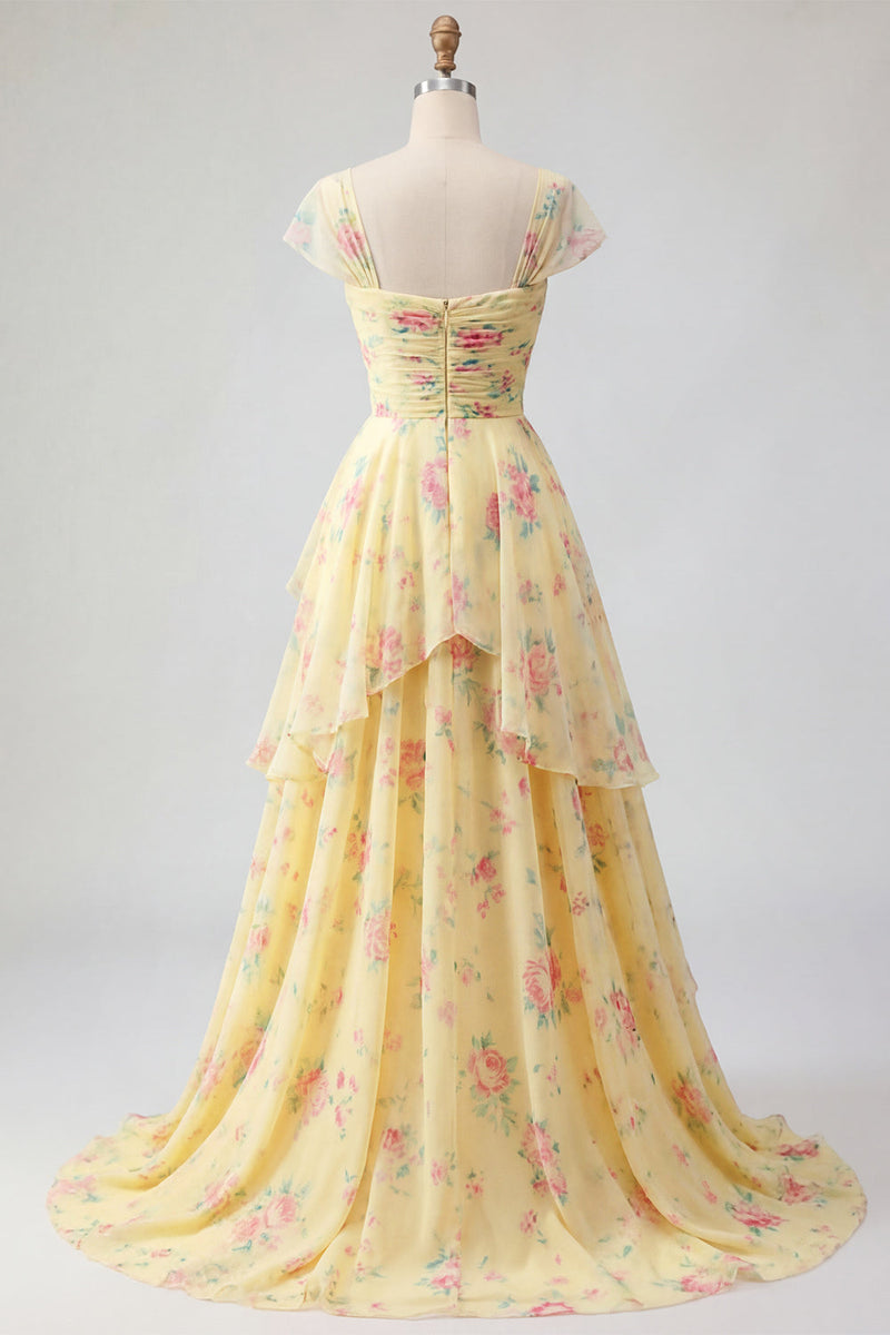 Load image into Gallery viewer, Cap Sleeves A Line Floral Butter Yellow Ruffled Prom Dress with Slit