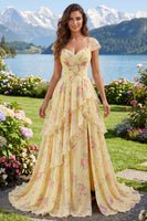 Load image into Gallery viewer, Cap Sleeves A Line Floral Butter Yellow Ruffled Prom Dress with Slit