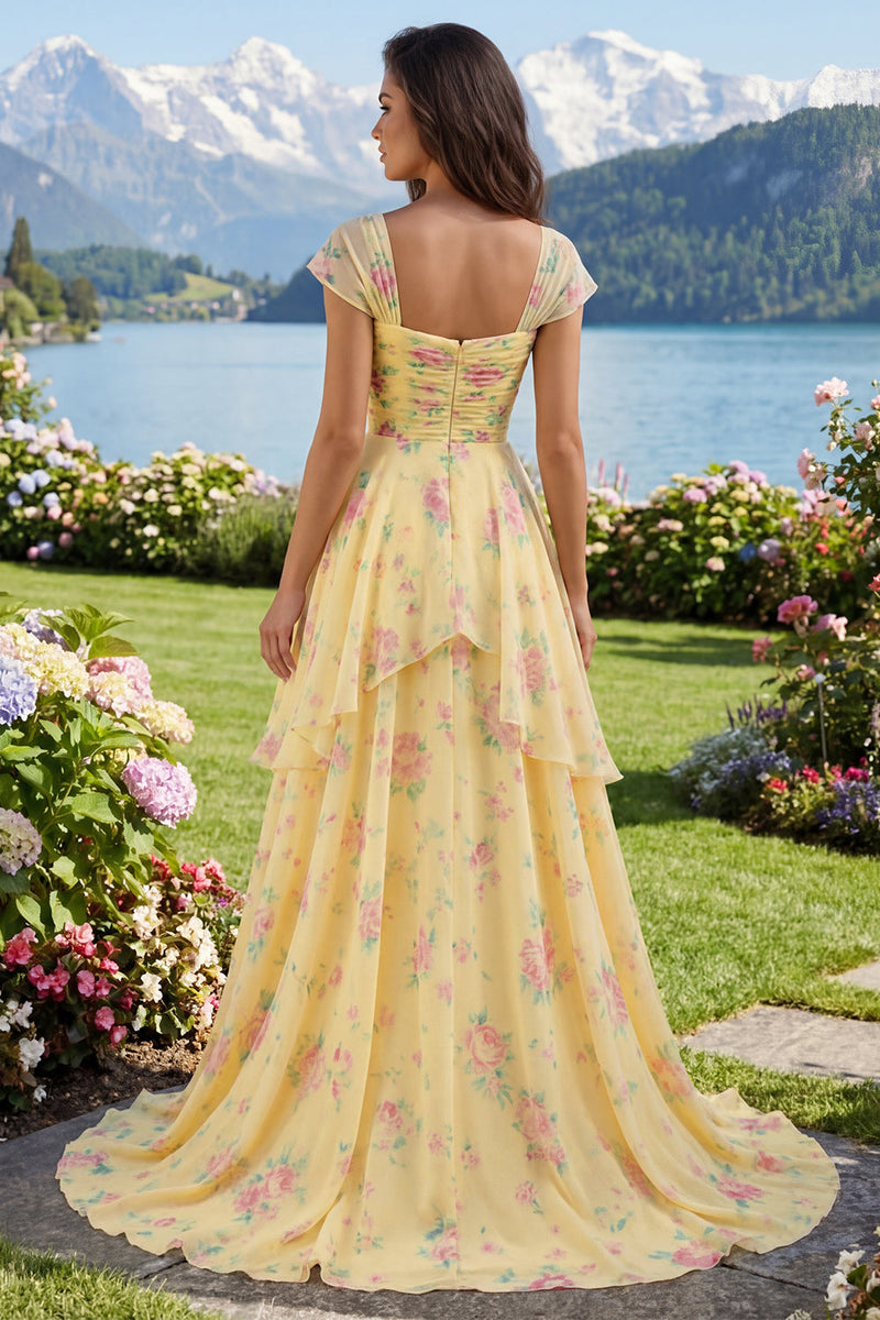 Load image into Gallery viewer, Cap Sleeves A Line Floral Butter Yellow Ruffled Prom Dress with Slit