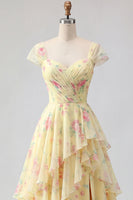 Load image into Gallery viewer, Cap Sleeves A Line Floral Butter Yellow Ruffled Prom Dress with Slit