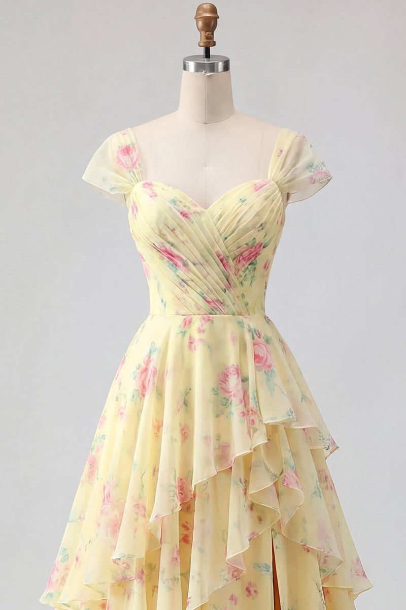 Load image into Gallery viewer, Cap Sleeves A Line Floral Butter Yellow Ruffled Prom Dress with Slit