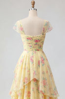 Load image into Gallery viewer, Cap Sleeves A Line Floral Butter Yellow Ruffled Prom Dress with Slit