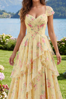 Load image into Gallery viewer, Cap Sleeves A Line Floral Butter Yellow Ruffled Prom Dress with Slit